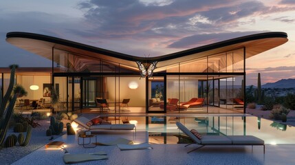 Obraz premium Sunset hues reflect on a poolside mid-century modern pavilion?s glass walls,butterfly roof,terrazzo floor and vintage loungers amid desert serenity.