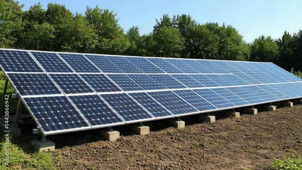 Poster A large solar panel array situated in a open field, suitable for use in environmental or technology-related contexts