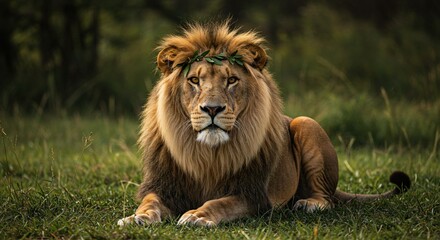 Naklejka premium a lion laying in the grass