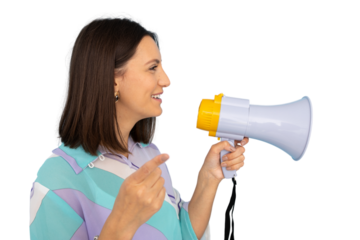 Female protester shouting through megaphone, raising finger emphatically against transparent backdrop