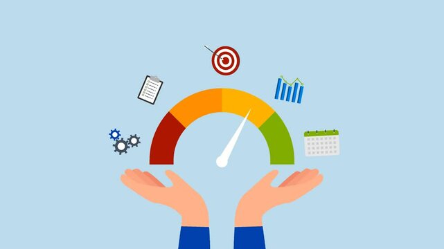 KPI key performance indicator, 4k animation of businessman hand with KPI performance gauge scale.