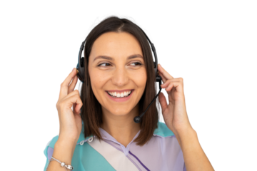 Friendly female call center agent wearing a headset, providing assistance and smiling, on a transparent background