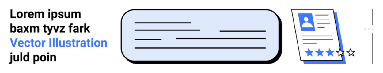 User profile card with photo, star rating, and text adjacent message box with text lines. Ideal for user evaluation, feedback, rating forms, UI designs, communication, reviews and simple landing