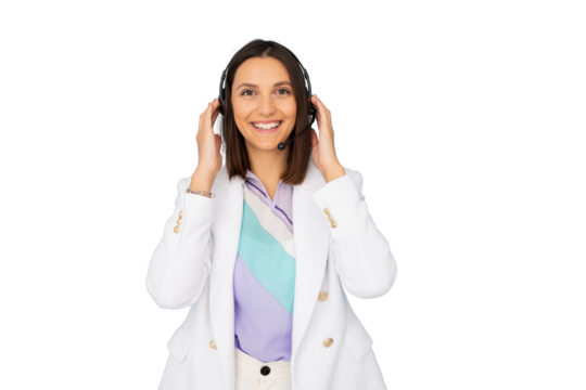 Smiling female call center operator adjusting her headset while working, isolated on transparent background