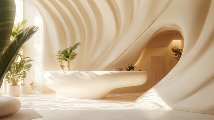Modern beige hotel lobby interior design with curved walls and plants