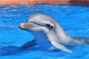 Naklejka premium Playful dolphin swimming in a vibrant blue pool, with splashes of water and sunlight reflections