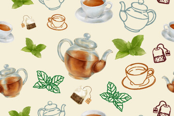 A repeating pattern features a charming tea time theme, with teapots, delicate teacups, some tea leaves and tea bags. The elements are illustrated in a colorful watercolor palette and soft background.