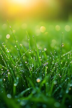 The dewdrops on the lawn in the morning reflect the colorful sunlight