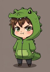Enigmatic young character in an alligator costume, radiating playful mischief and cartoonish charm on neutral backdrop for captivating illustrations