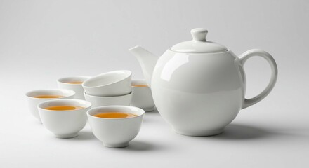 Fototapeta premium A white teapot and several cups filled with tea arranged on a white surface studio shot still life