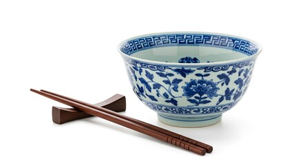 A blue and white floral pattern bowl with chopsticks on a wooden rest against a white background