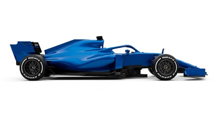 A side view of a blue formula one race car isolated on a white background in a studio setting shot
