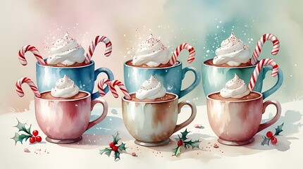 Fototapeta premium Gourmet Hot Chocolate in Festive Mugs with Candy Canes and Whipped Cream: Winter Beverage Photography for Holiday Gatherings