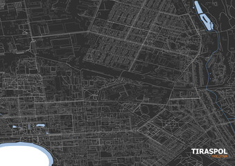 Zoomed vector map of Tiraspol, Moldova, highlighting highways, buildings, and waterways with a dark theme. Ideal for modern design, urban planning, infrastructure projects, and digital design use.