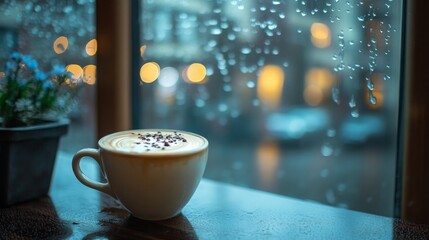 Fototapeta premium Cappuccino on a table by the window, rain outside, light reflection on the glass. generative ai