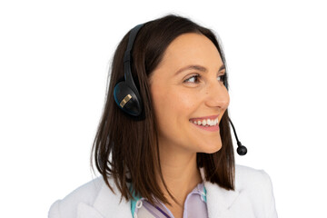 Friendly female call center agent providing customer support, wearing a headset and smiling on a transparent background