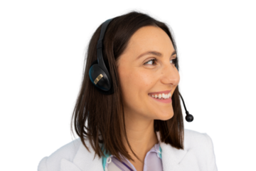 Friendly female call center agent providing customer support, wearing a headset and smiling on a transparent background