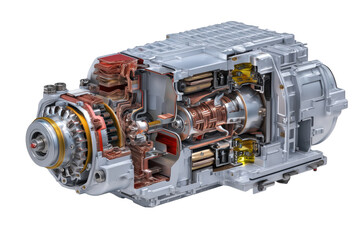 Detailed Cutaway Of A Complex Engine With Intricate Internal Parts isolated on transparent background 