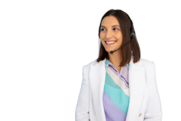 Cheerful female call center operator wearing headset smiling and looking away on transparent background