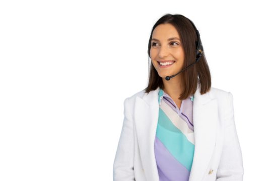 Cheerful female call center operator wearing headset smiling and looking away on transparent background