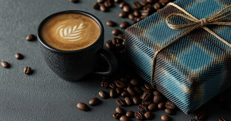 Top View of Blue Plaid Gift Box with Gold Ribbon, Coffee Beans, and Cup on Gray Background — Web Banner with Copy Space