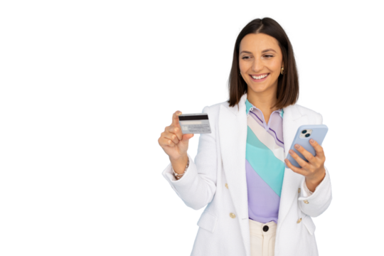 Happy manager making online payment using smartphone and credit card, isolated on transparent background