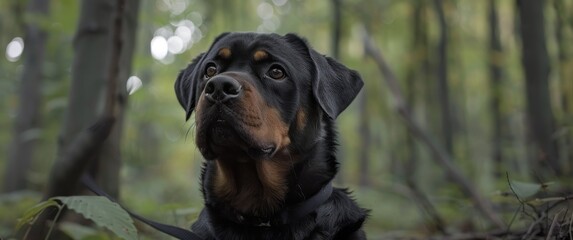 Focused rottweiler tracks intently in a grainy forest scene working dog keen, natural light.