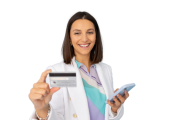 Happy businesswoman holding credit card and using mobile phone on transparent background, online shopping concept