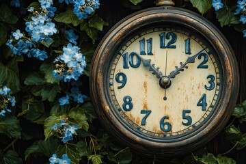 Fototapeta premium Vintage clock surrounded by vibrant blue forget-me-nots and green foliage