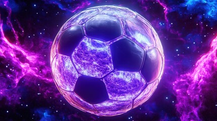 A vibrant soccer ball glows amidst cosmic nebulae.