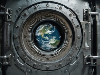 Futuristic spacecraft access panel with an earth view.