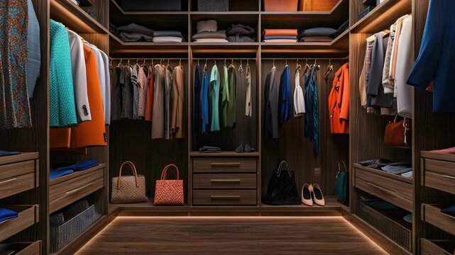 A cluttered walk-in closet with numerous clothes and accessories