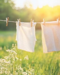 Sunlit Scene of Freshly Washed Towels Hanging on a Line in a Lush Green Field