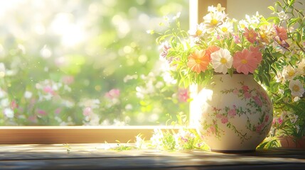 Sunlight shines through the window onto the vintage vase