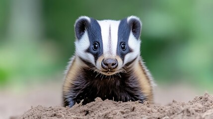 A curious badger peeking from its burrow in a lush green forest, close-up view with blurred background, and wildlife and nature exploration concept.