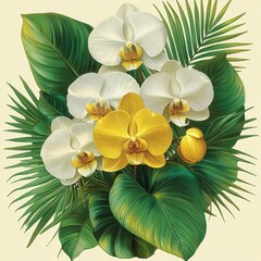 Obraz premium Luxurious Orchid Bouquet with Tropical Leaves
