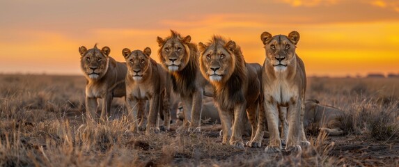 Distant lion pride at sunset, captured with a 500mm lens showing heat distortion and haze vignette.