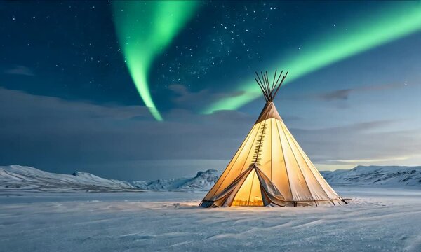 Glowing Native American tipi under northern lights in peaceful snowy wilderness winter night video