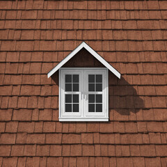 Naklejka premium Dachfenster mit weißen Flügeltüren und Spitzgiebel auf rötlich gedecktem Schrägdach