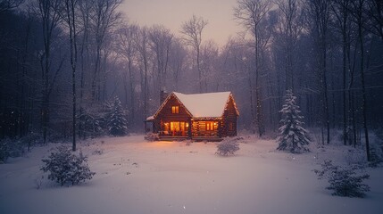 Cozy cabin nestled in snowy forest at twilight.  Warm lights illuminate the dwelling