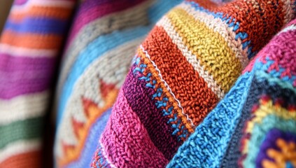 Fototapeta premium Close up View of Multicolored Knitted Textile with Varied Textures and Patterns