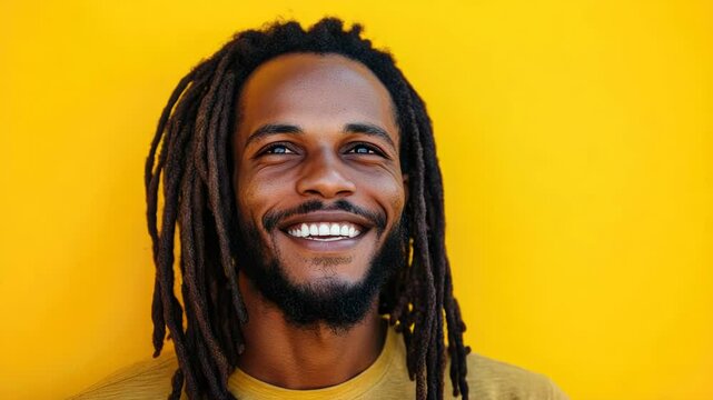 A smiling man with dreadlocks on his head