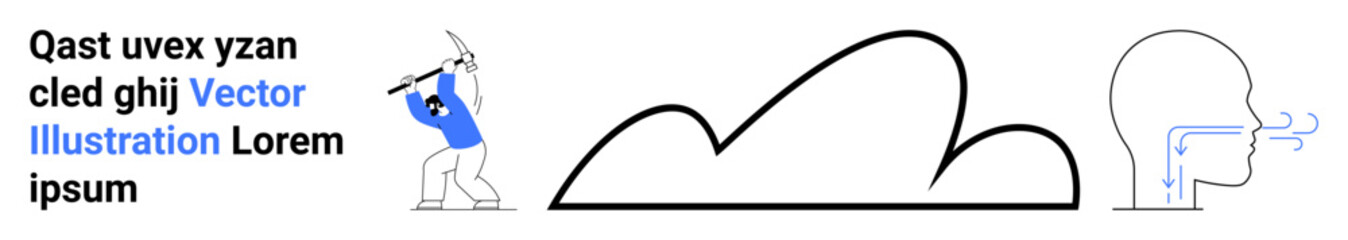 Miner swinging pickaxe, abstract cloud design, human profile showing airflow. Ideal for industry, technology, science, environment, weather, anatomy simple landing page