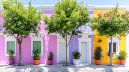 Colorful row of pastel houses with vibrant potted plants and lush green trees on a sunny day, urban street scene, and bright and cheerful composition.