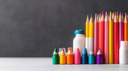 Obraz premium Colorful stationery supplies arranged on a table in front of a dark background