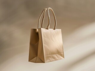 Floating shopping bag mockup, premium paper with rope handles, studio shot, soft shadows, subtle wrinkles, ready for logos.