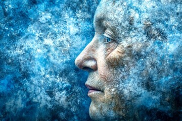 Weak old man. Aging reality. Sleep apnea - difficulty in old age: abstract image of well-being. Elderly suffering. Metaphorical sleep apnea awareness of a growing old. Old people problems.