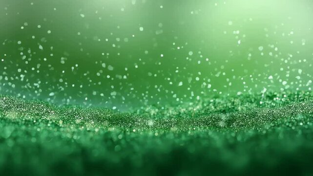 Abstract Green Particle Flow Loop. High-resolution 4K still frame, numerous small, shimmering green particles suspended against a soft-focus green background.