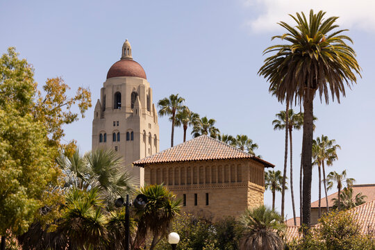 Palo Alto, California, USA - April 18, 2025: The 1941 Hoover Tower dominates the campus skyline of Stanford University.