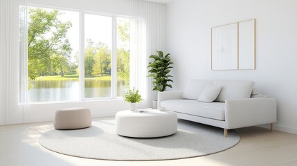 Modern minimalist living room with lake view